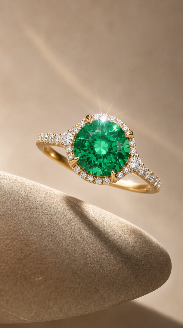 Fancy Vivid Green Portugese Cut 18 k gold ring